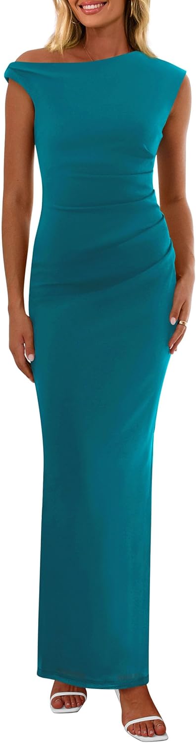 PRETTYGARDEN Women's 2025 Summer Formal Maxi Dresses Sleeveless One Shoulder Bodycon Ruched Mesh Wedding Guest Cocktail Dress
