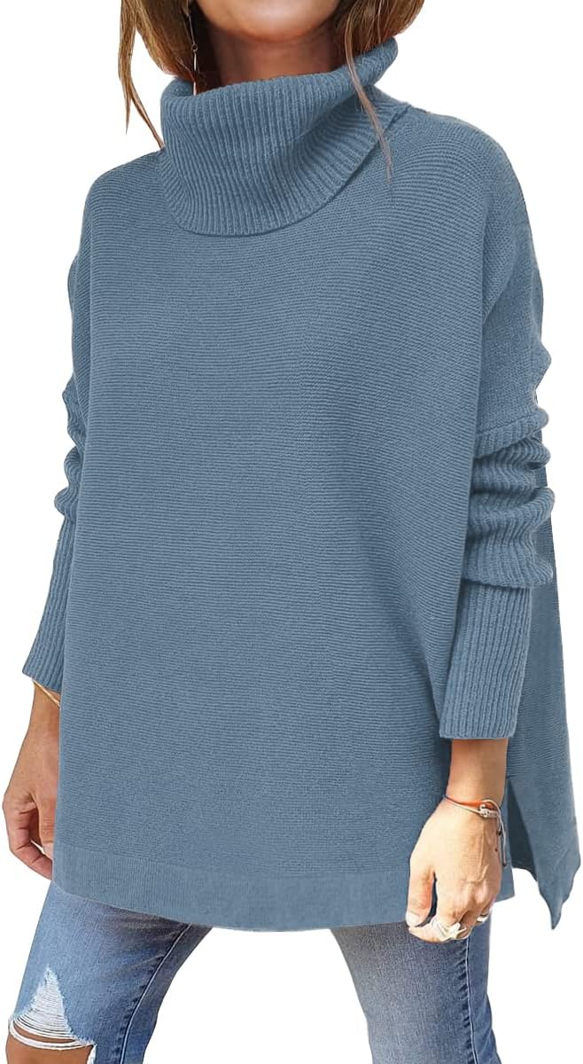 LILLUSORY Women's Turtleneck Oversized Sweaters Long Batwing Sleeve Spilt Hem Tunic Pullover Knit Tops