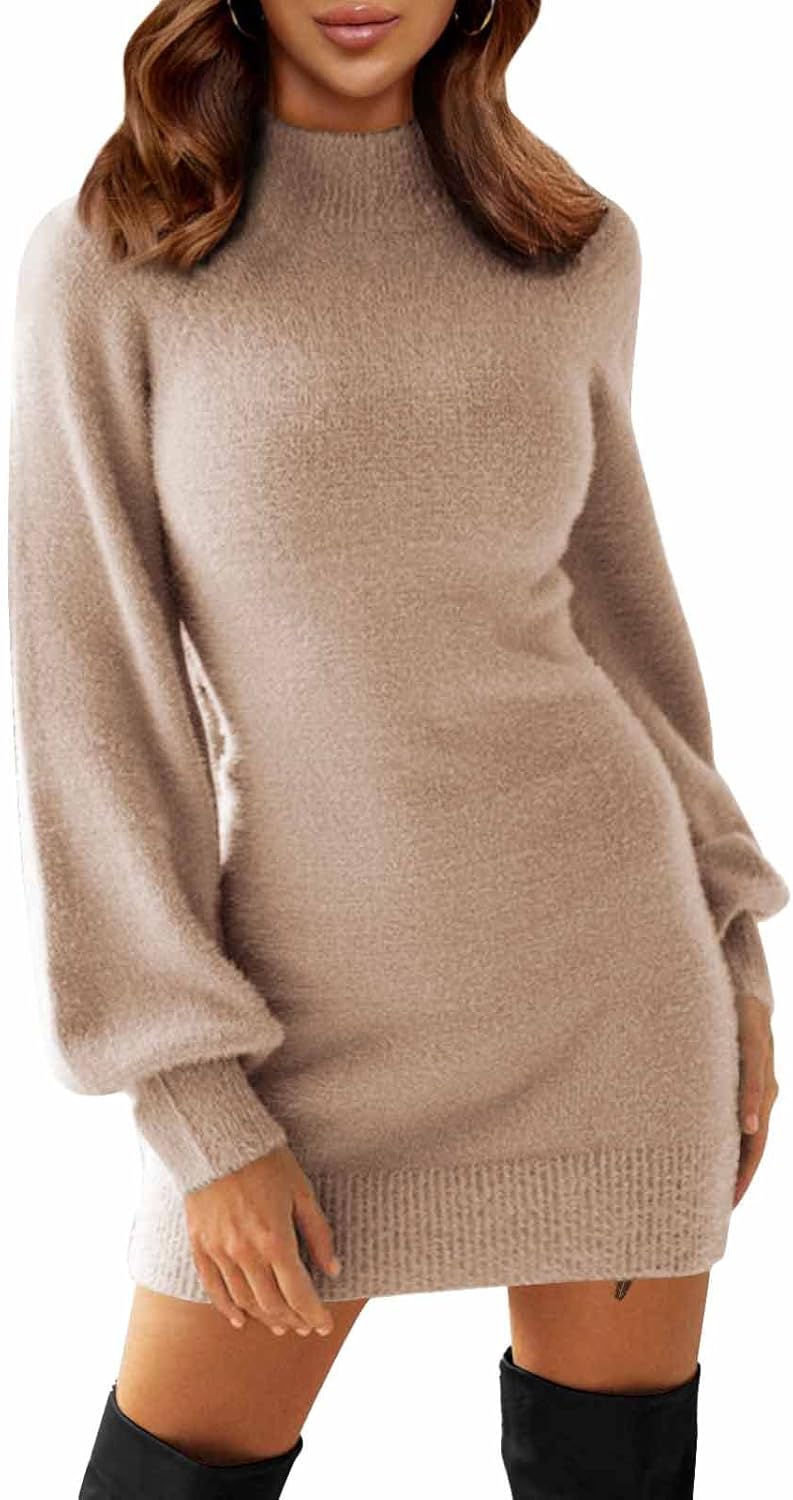 EXLURA Women's 2025 Mock Neck Ribbed Long Sleeve Bodycon Pullover Cute Mini Sweater Dress