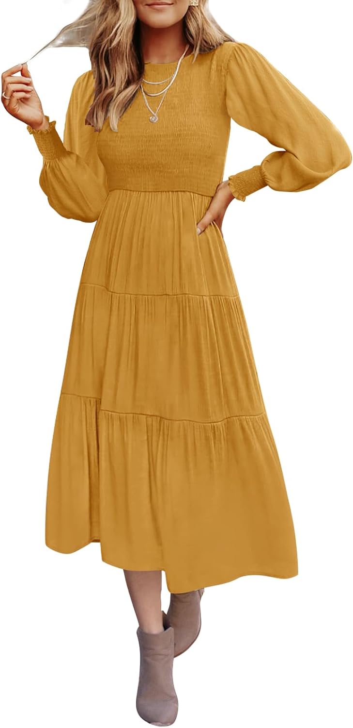ZESICA Women's Casual Long Sleeve Crew Neck High Waist Smocked Flowy Tiered Midi Dress