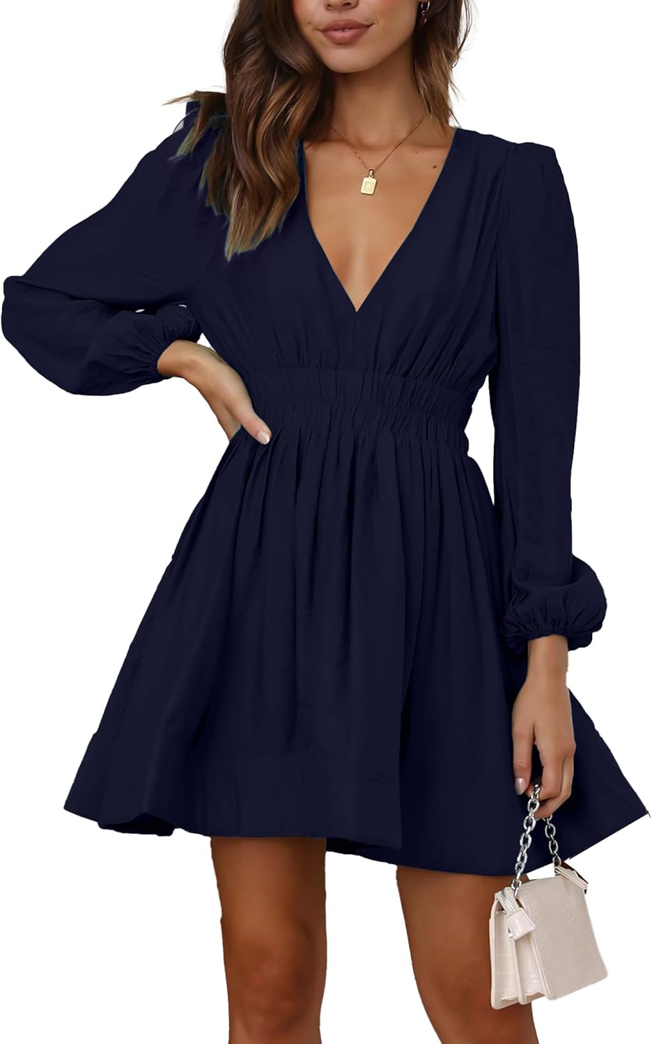 FAIABLE Mini Deep V Sexy Long Sleeve Dress for Women A-line High Waisted Casual Flowy Dress for Cocktail Wedding Guest