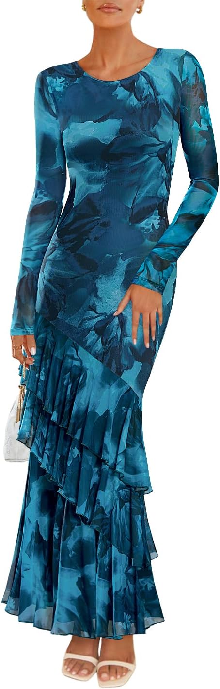 ZESICA Women's Fall Floral Wedding Guest Bodycon Dresses 2025 Long Sleeve Crewneck Mesh Ruffle Mermaid Party Maxi Dress