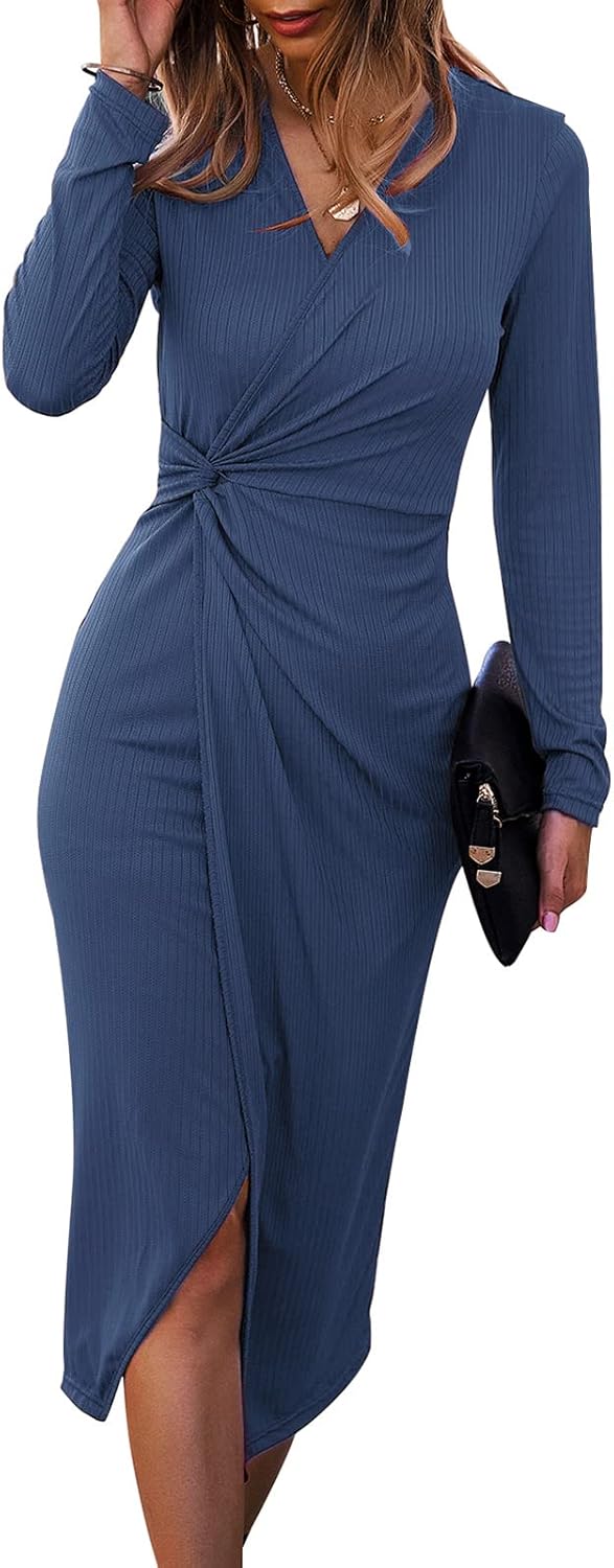 SHIBEVER Women's Long Sleeve Dress: Midi Casual V Neck Twist Waist Ribbed Knit Bodycon Slit Cocktail Party Dresses