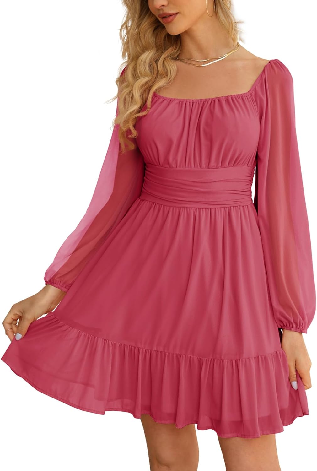 Wenrine Women's Mesh Long Sleeve Square Neck Dress High Waist A Line Ruffle Hem Flowy Casual Party Mini Dress