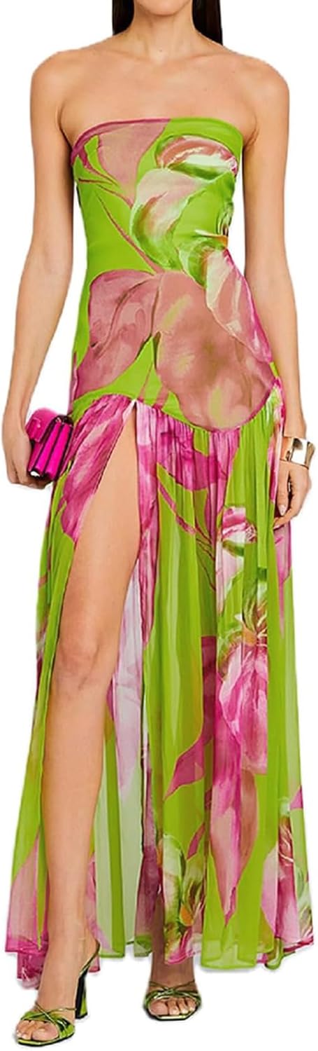 Women Tube Top Dress Tiger Stripe Mesh Patchwork Maxi Dress Strapless Sexy High Slit Long Dresses Party Clubwear
