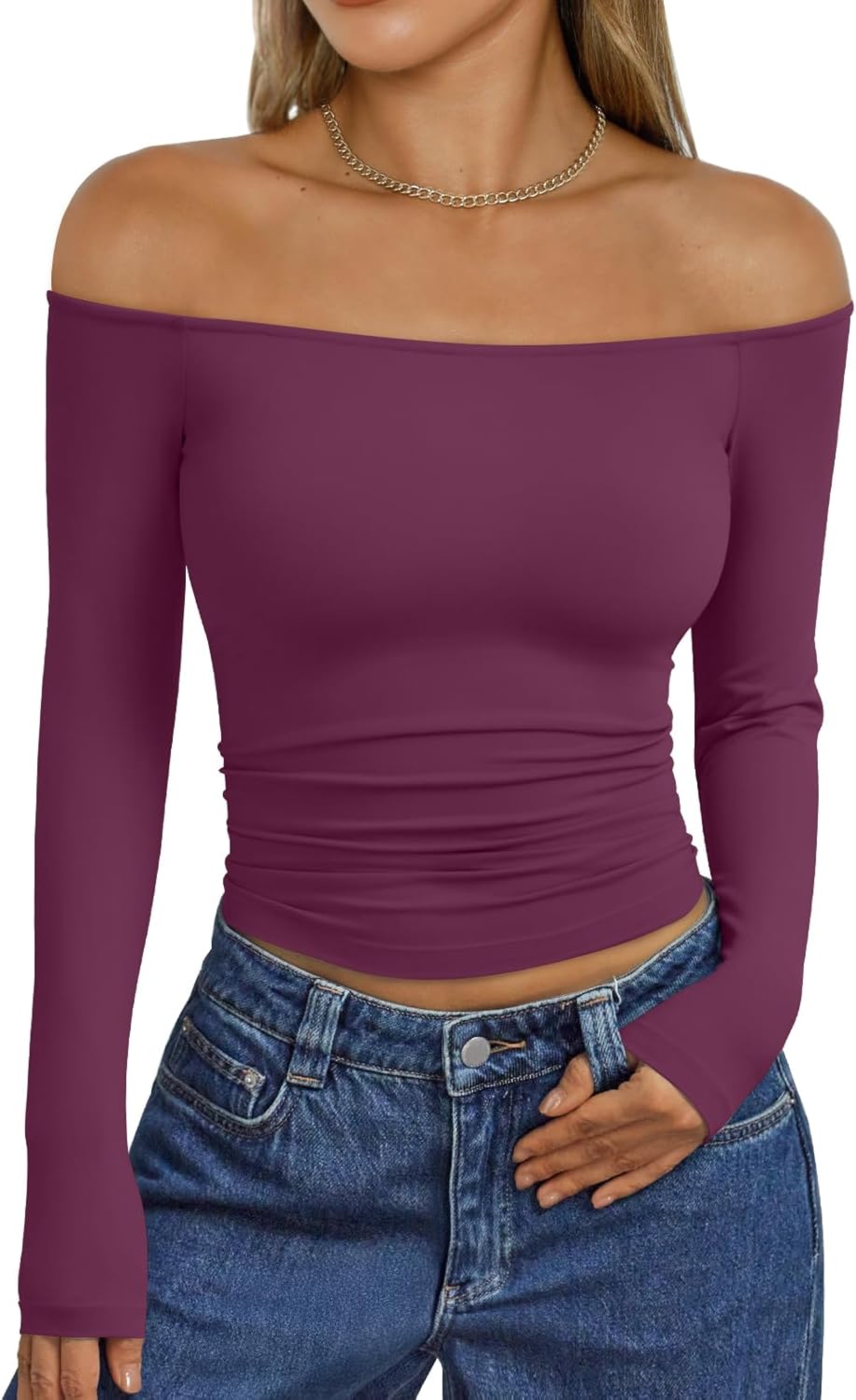 Trendy Queen Womens Long Sleeve Off The Shoulder Tops Going Out Cute Basic Y2K Fall Fashion 2025 Outfits Clothes