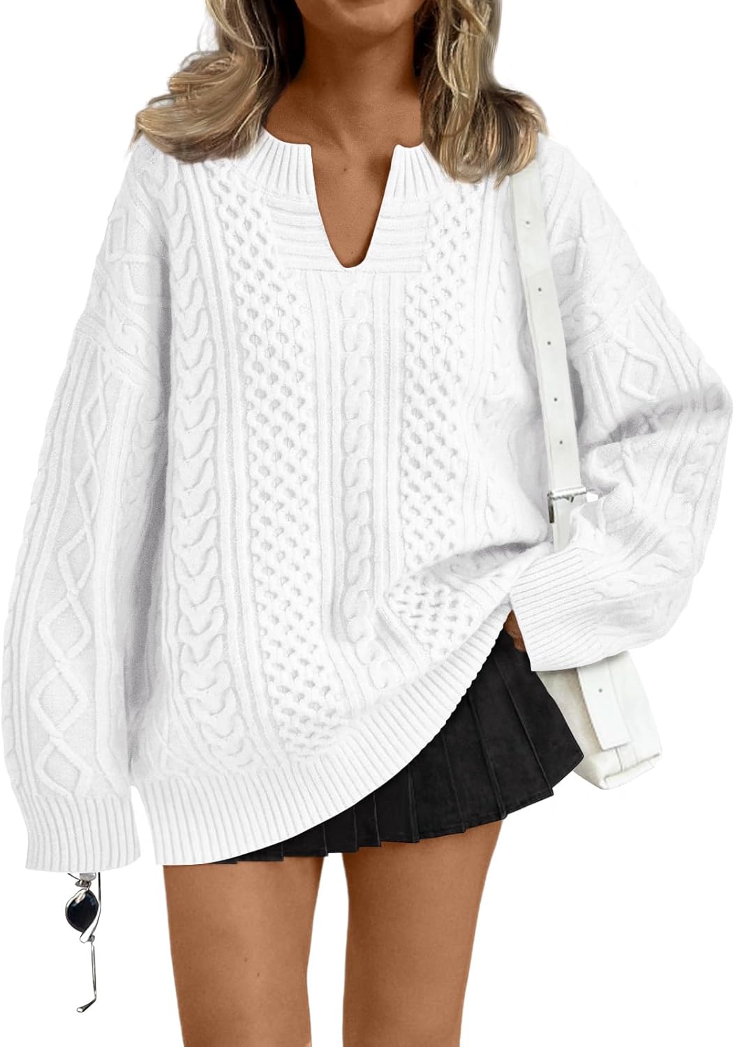 Trendy Queen V Neck Oversized Cable Knit Sweaters for Women Trendy 2025 Fall Fashion Outfits Clothes Winter Clothing