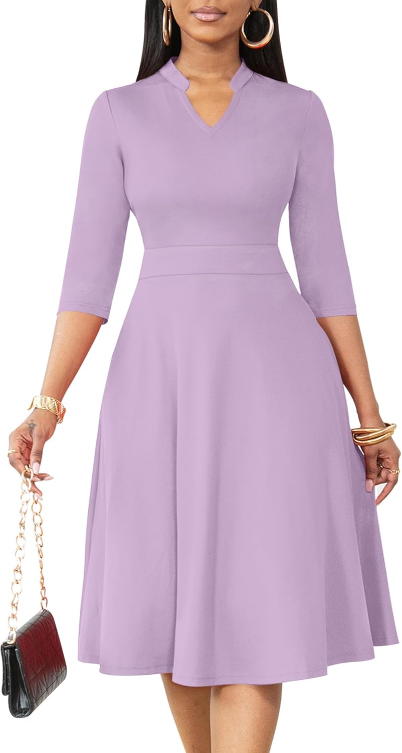 Nmoder Casual Dresses for Women Semi Formal Fit and Flare 3/4 Sleeve A-line Church Work Dress with Pockets