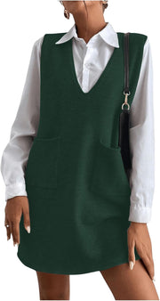 OYOANGLE Women's V Neck Sleeveless Knitted Solid Short Sweater Dress with Pockets