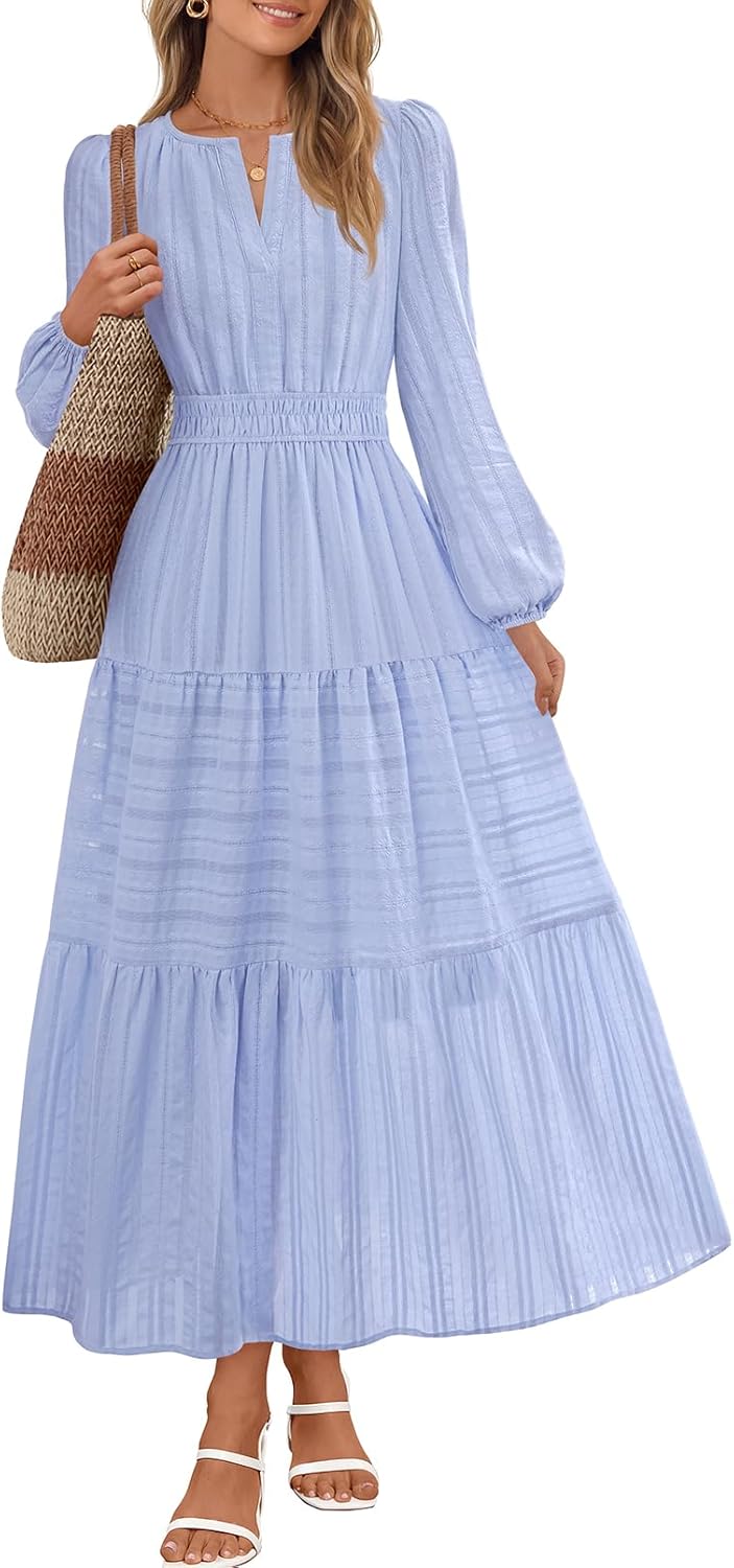 MEROKEETY Fall Dresses for Women 2025 Winter Long Sleeve Casual V Neck Tiered Cotton Midi Maxi Dress Pockets