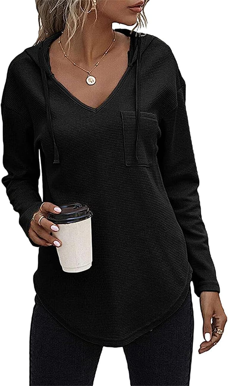Women's V Neck Hoodies Long Sleeve Sweatshirt Drawstring Pullover Tops with Pocket