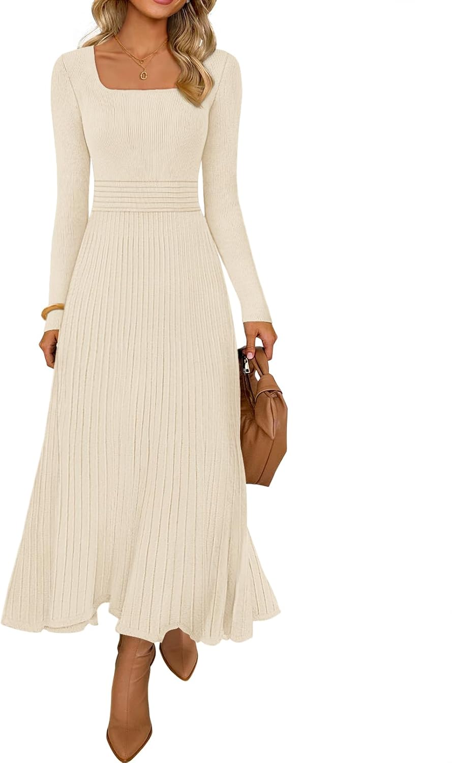 MEROKEETY Women's Sweater Dress 2025 Fall Winter Casual Long Sleeve Square Neck Pleated Church Work Knit Midi Dresses