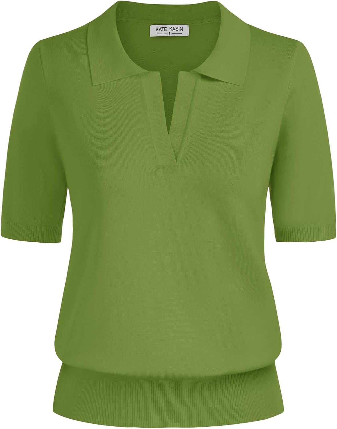 Kate Kasin Women Short Sleeve Polo Sweater V Neck Knitted Tops Casual Ribbed Shirt Loose Pullover Sweater