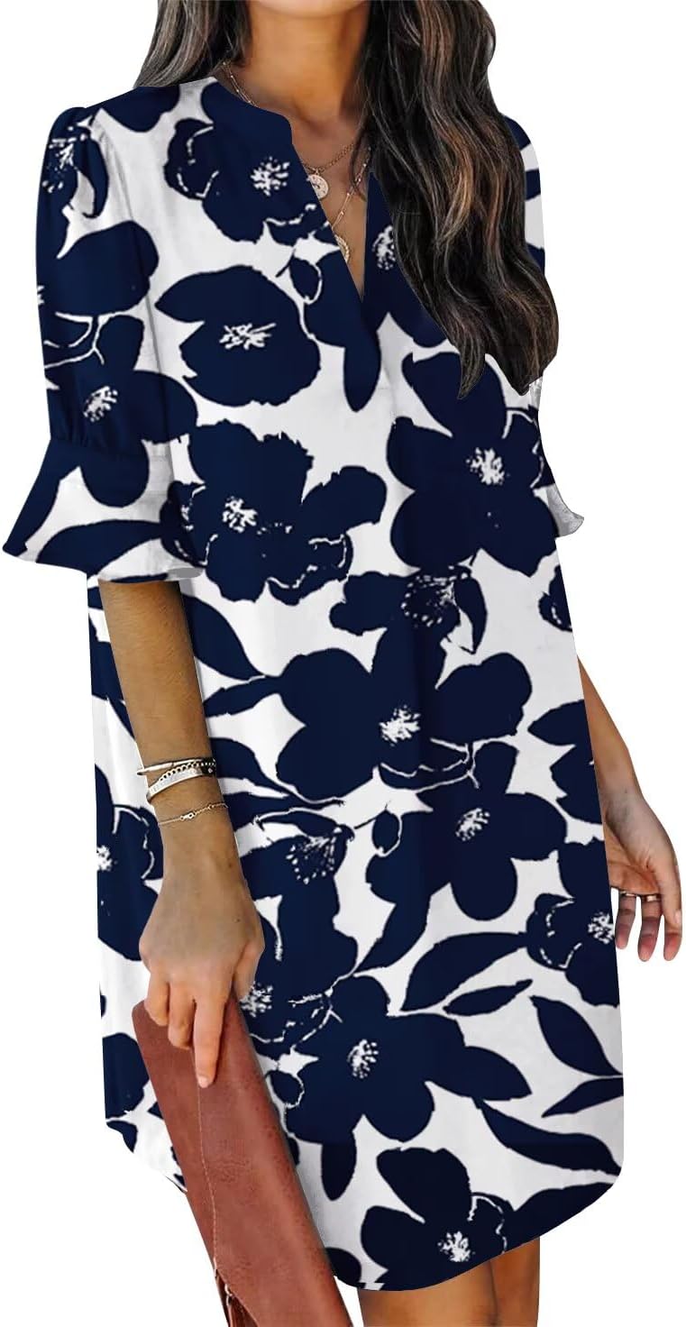 QACOHU Summer Dresses for Women V Neck Ruffle Short Sleeve Casual Shift Dress