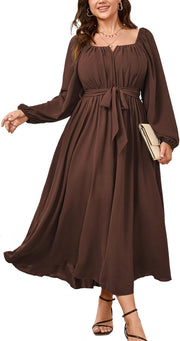 SCOMCHIC Women Plus Size Maxi Dress Long Sleeve Square Neck Wedding Guest Cocktail Belted Elegant Flowy A Line Long Dresses