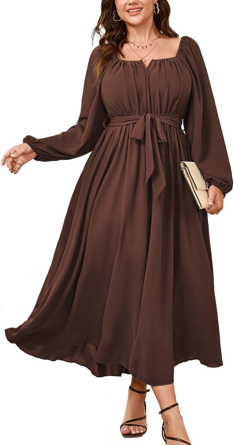 SCOMCHIC Women Plus Size Maxi Dress Long Sleeve Square Neck Wedding Guest Cocktail Belted Elegant Flowy A Line Long Dresses