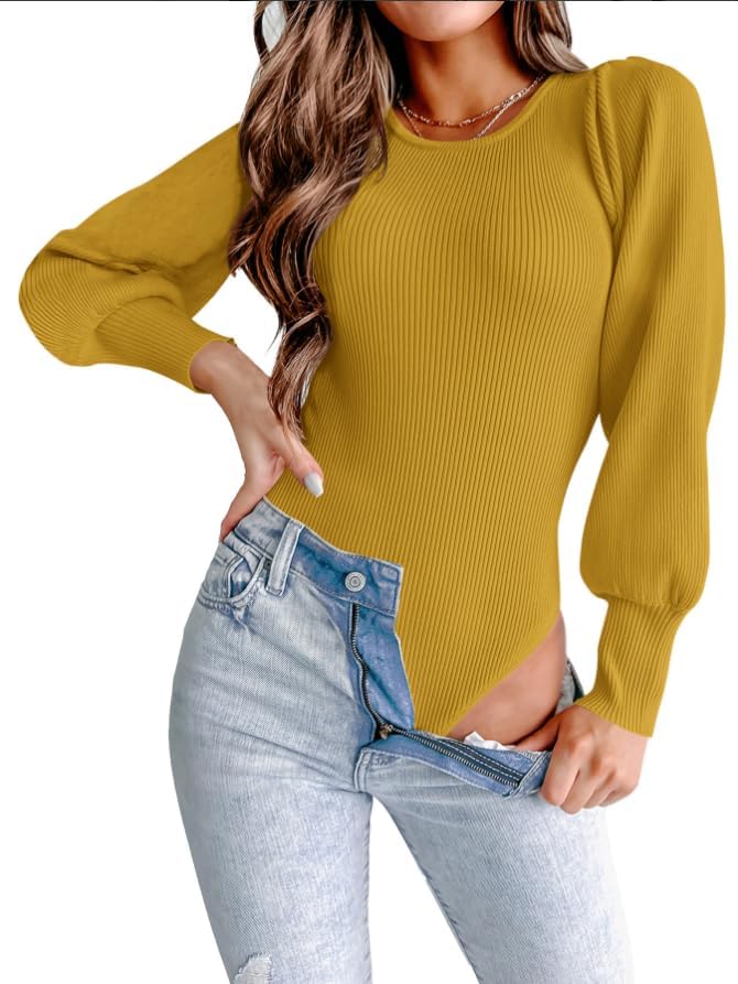 MASCOMODA Long Puff Sleeve Sweaters for Women 2025 Fall Winter Crewneck Knit Ribbed Bodysuit Pullover Tops