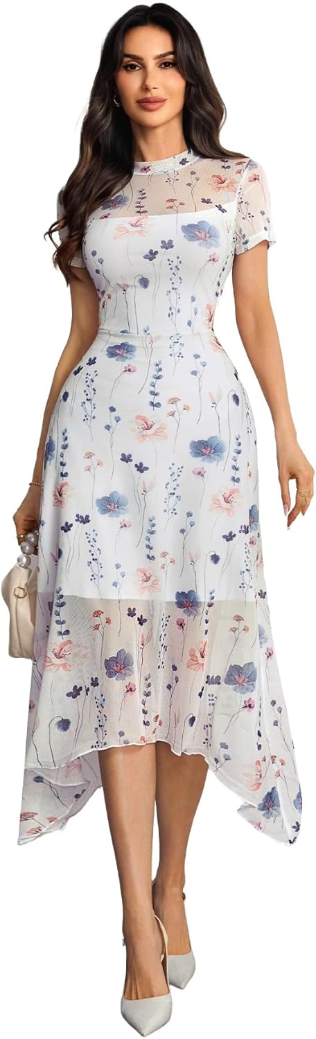 GothDark Women's 2025 Summer Floral Print Vintage Goth Dress Mesh Spliced Double-Layered Irregular Hemline Midi Dress