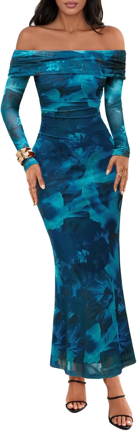 MEROKEETY Women's Fall Off Shoulder Floral Maxi Dresses Formal Long Sleeve Bodycon Cocktail Wedding Guest Dress