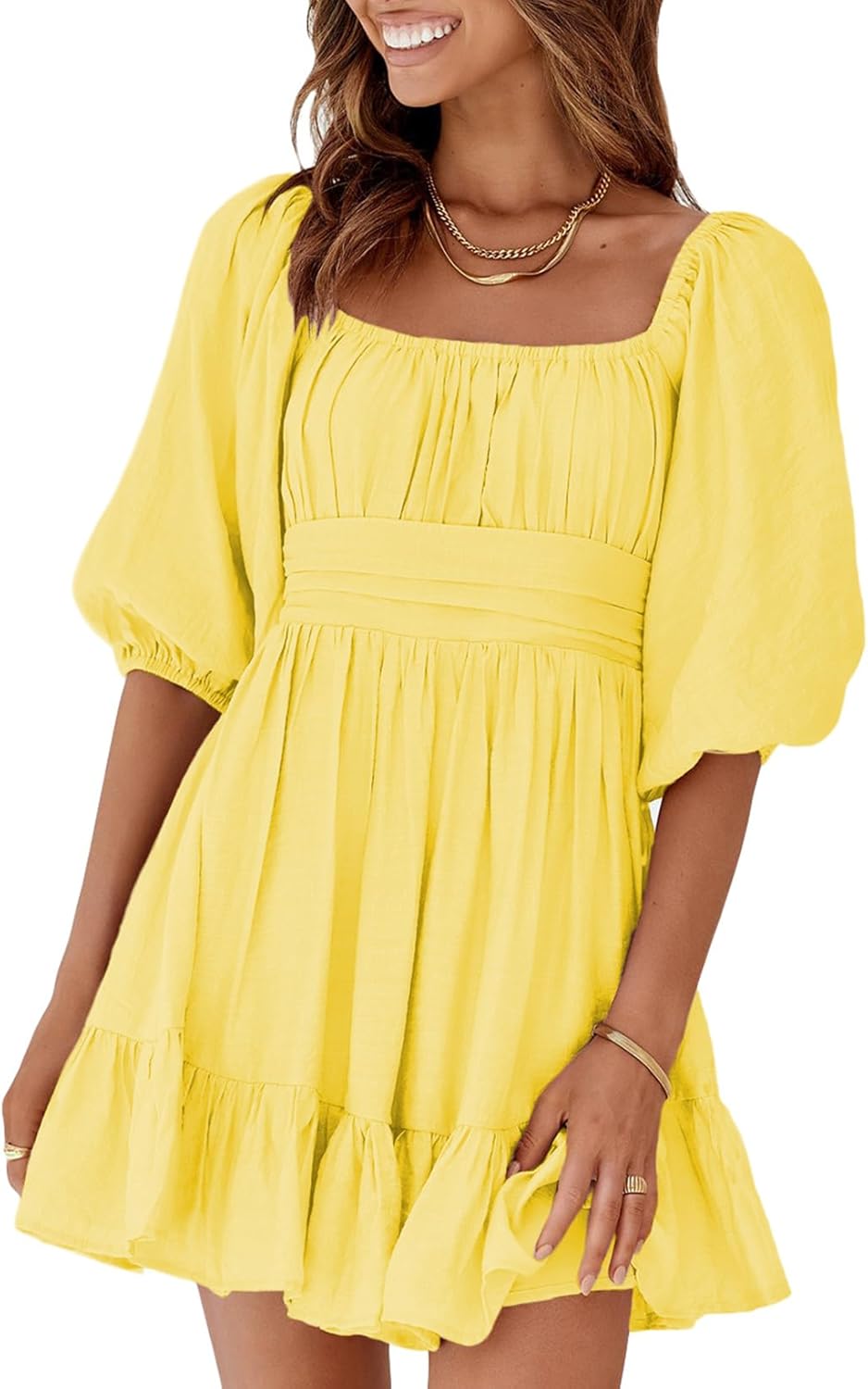 Dokotoo Womens Summer Dresses Square Neck Tie Back Lantern Sleeve Ruffle A-Line Casual Dress