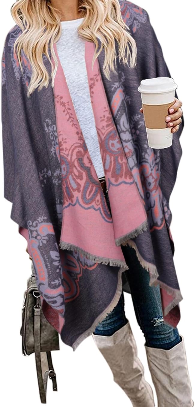 Bestshe Women's Boho Open Front Poncho Knitted Plaid Shawl Wrap Cape Tassel Cardigan Sweater
