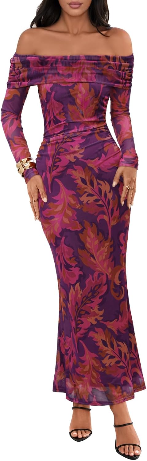 MEROKEETY Women's Fall Off Shoulder Floral Maxi Dresses Formal Long Sleeve Bodycon Cocktail Wedding Guest Dress