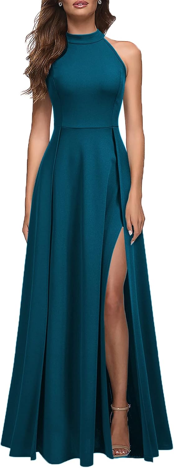 MUSHARE Women's Halter Neck Sexy Split Cocktail Party Maxi Long Formal Dress