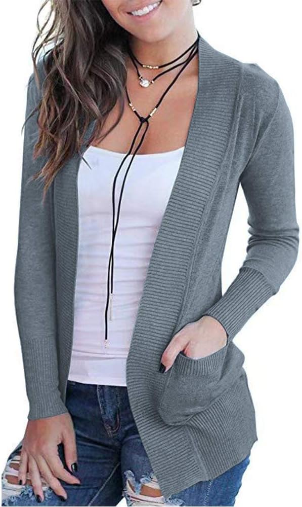 VOIANLIMO Women's Open Front Casual Long Sleeve Knit Classic Sweaters Cardigan with Pockets