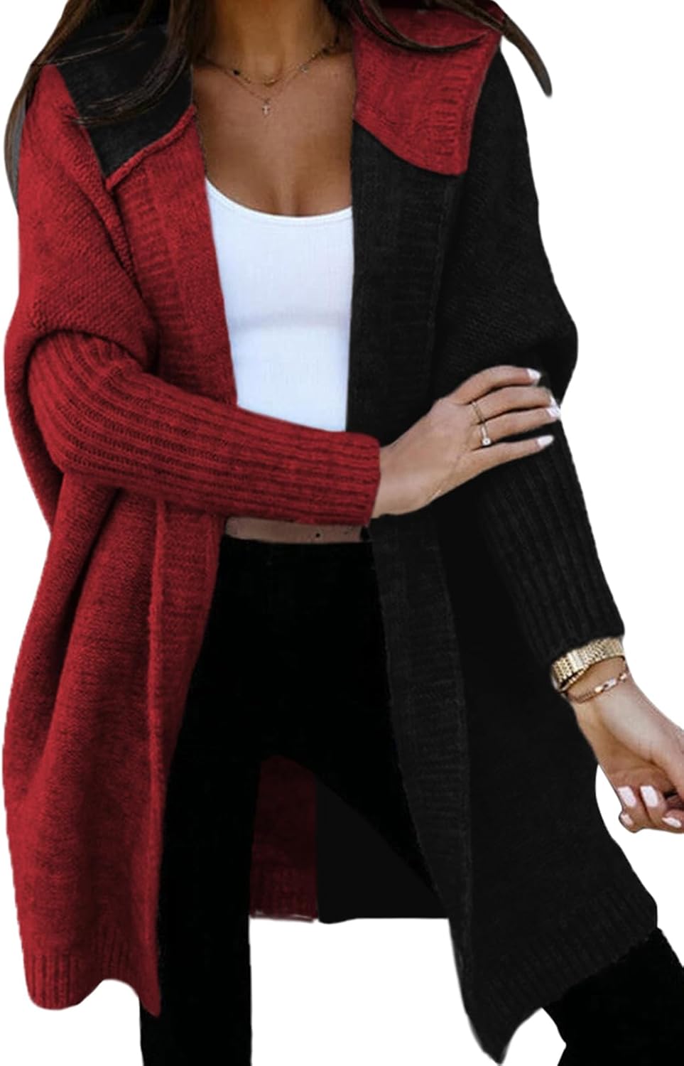 Astylish Women 2025 Fall Outfits Open Front Long Sleeve Hooded Knit Cardigan Sweaters Color Block Outwear Coats