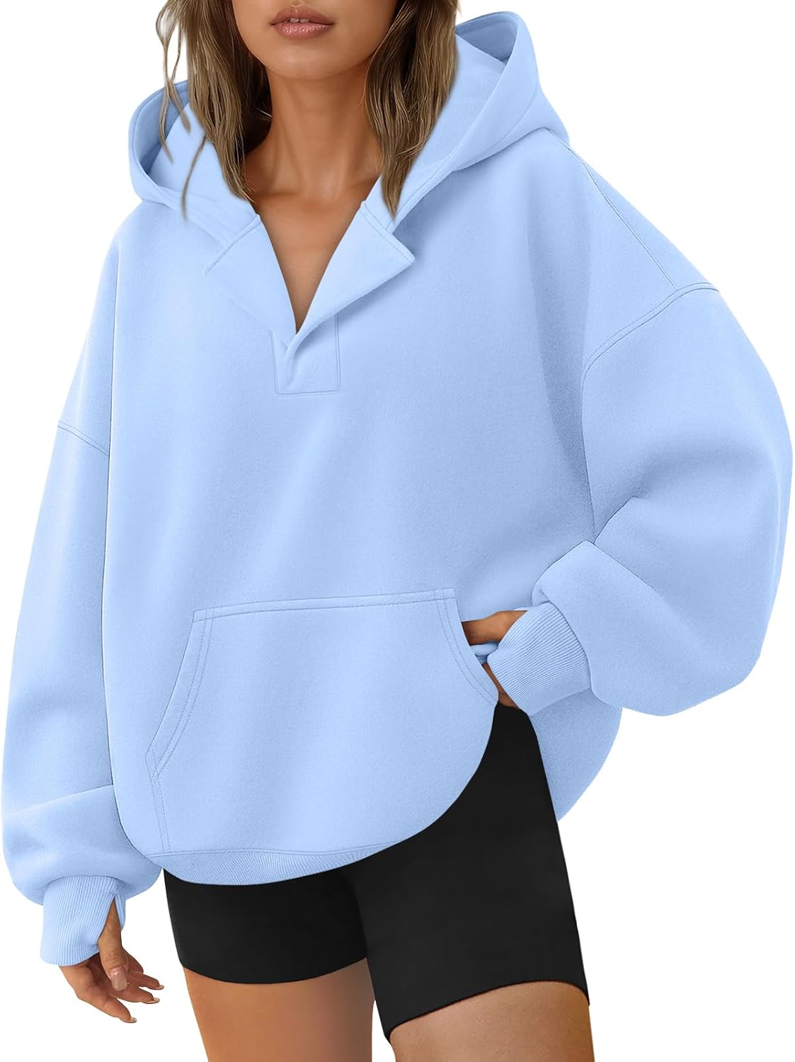 Trendy Queen Womens Oversized V Neck Hoodies with Thumb Hole Pullover Sweatshirts Y2k Clothes Fall Fashion Outfits 2025
