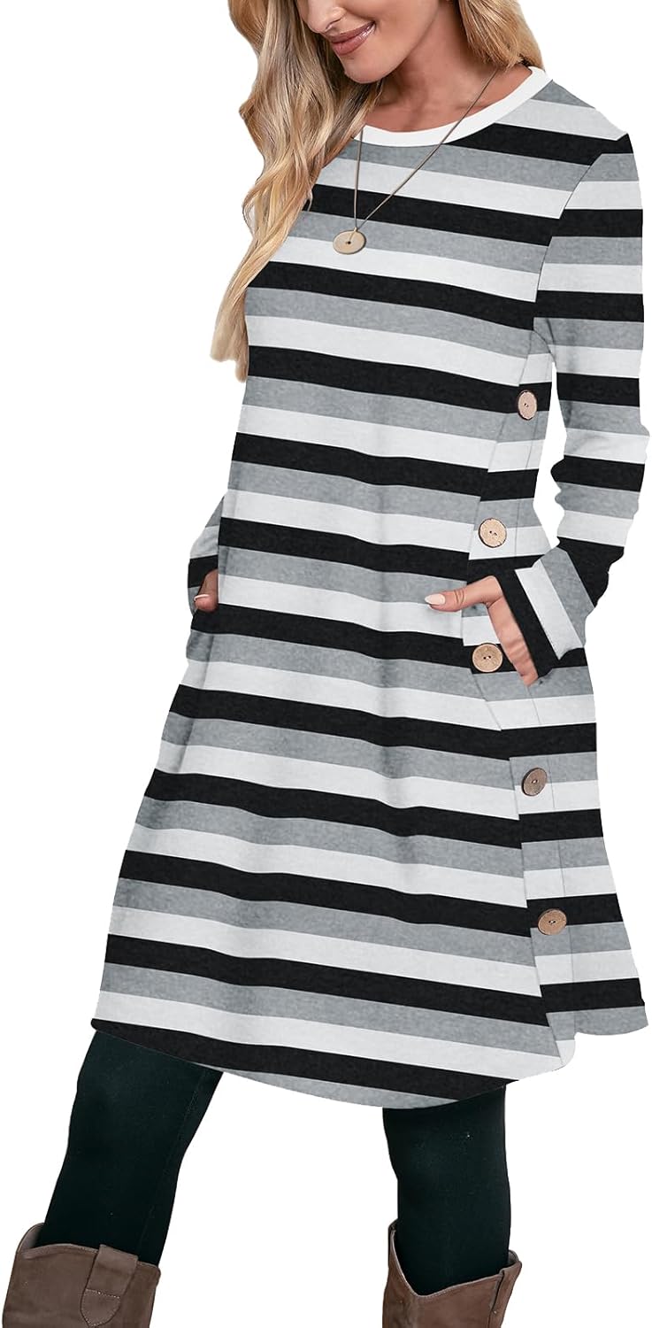 OFEEFAN Long Sleeve Dress for Women Crew Neck Tunic Dress with Pockets Buttons Side
