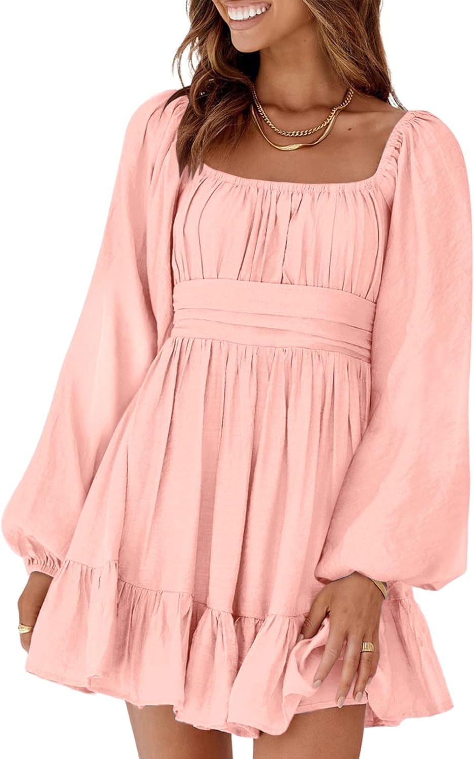 Dokotoo Womens Dress Long Lantern Sleeve Square Neck Tie Backless Sexy Dress Ruffle Elastic Waist A-Line Mini Dress