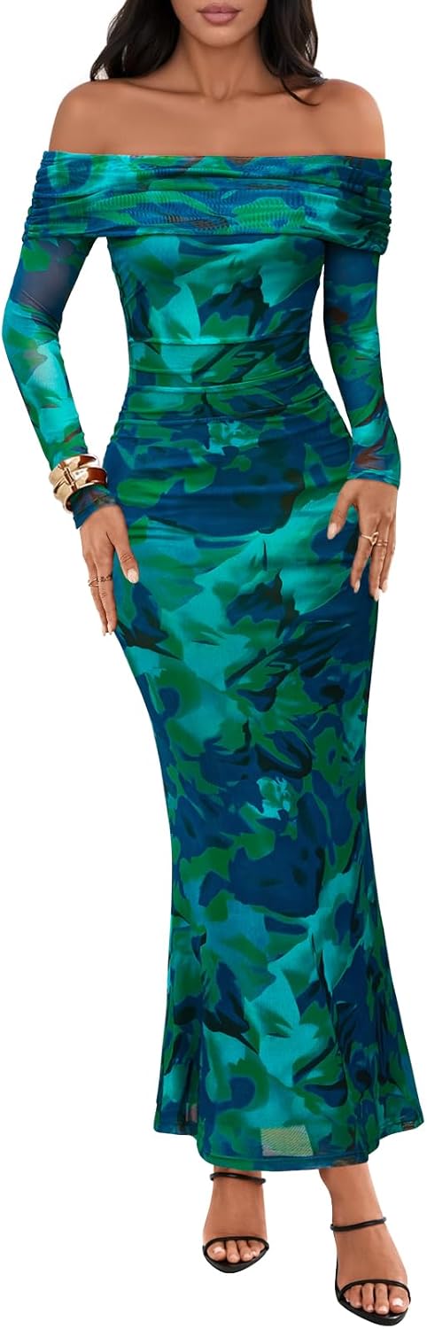 MEROKEETY Women's Fall Off Shoulder Floral Maxi Dresses Formal Long Sleeve Bodycon Cocktail Wedding Guest Dress