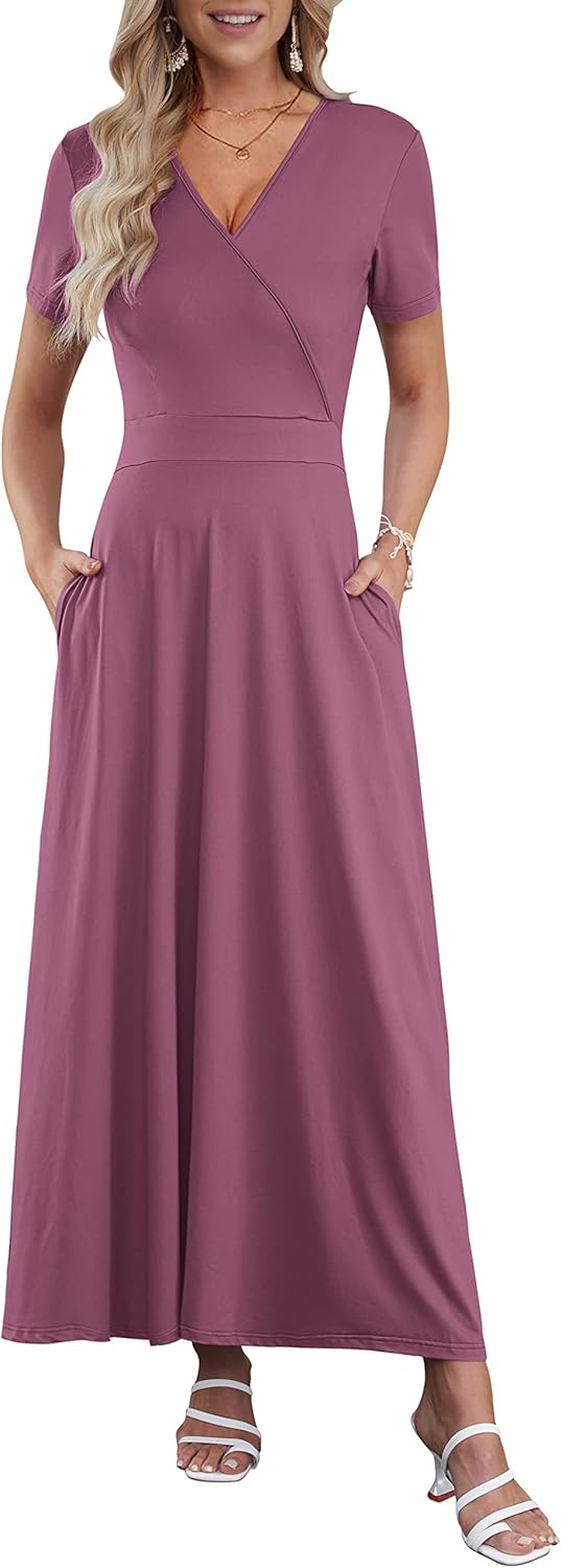 AUSELILY Maxi Dresses for Women Ankle Length Floral Print Beach Long Flowy Dress with Pockets