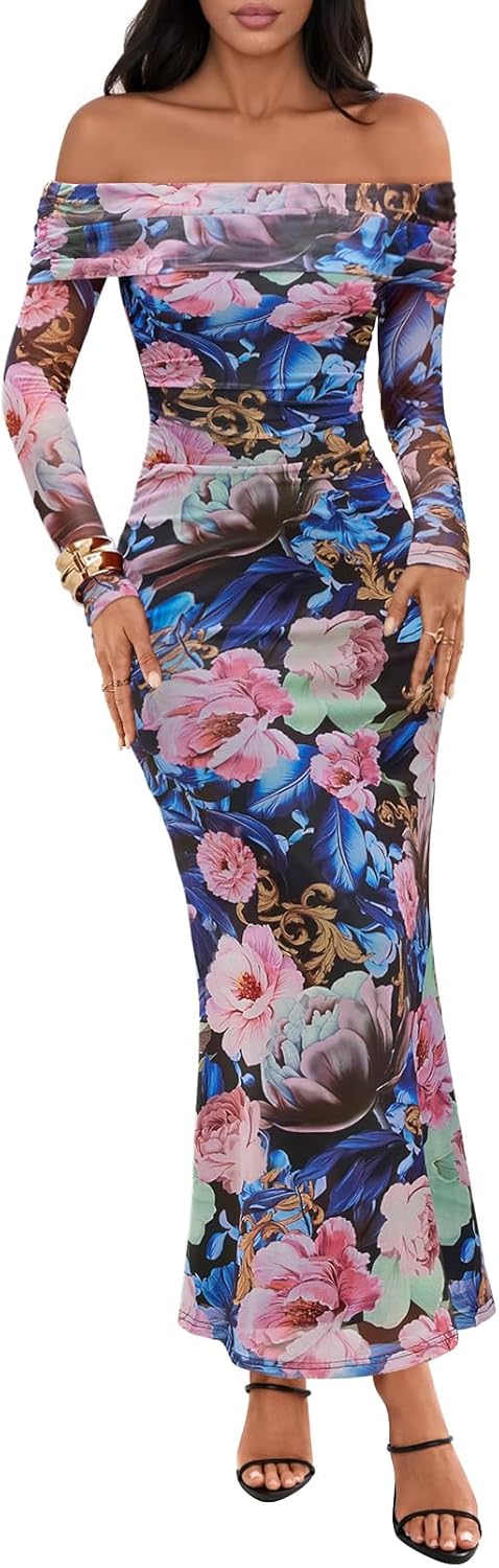 MEROKEETY Women's Fall Off Shoulder Floral Maxi Dresses Formal Long Sleeve Bodycon Cocktail Wedding Guest Dress