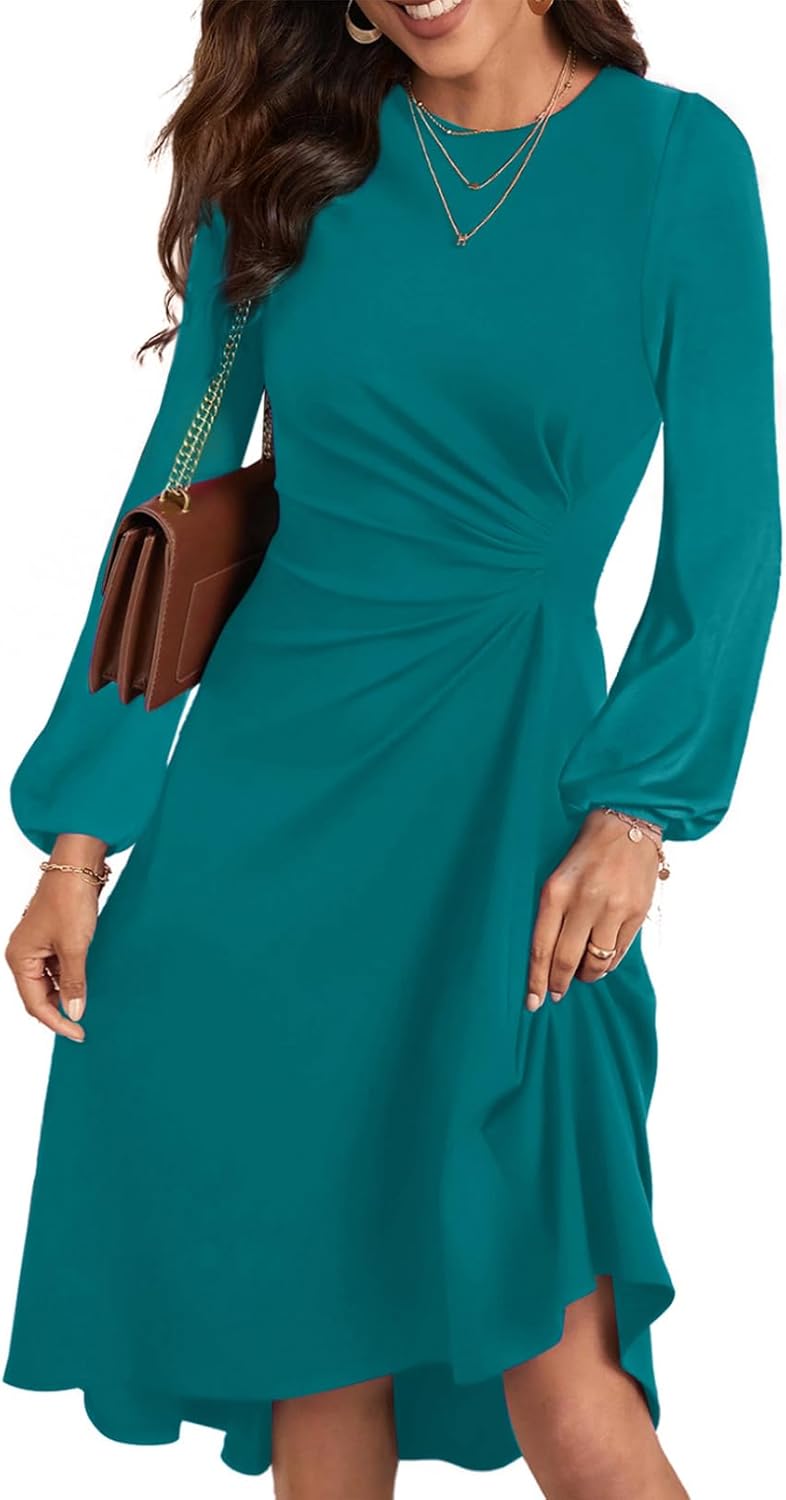 Happy Sailed Women's Long Sleeve Ruched Waist Flowy A Line High Low Midi Cocktail Party Dress