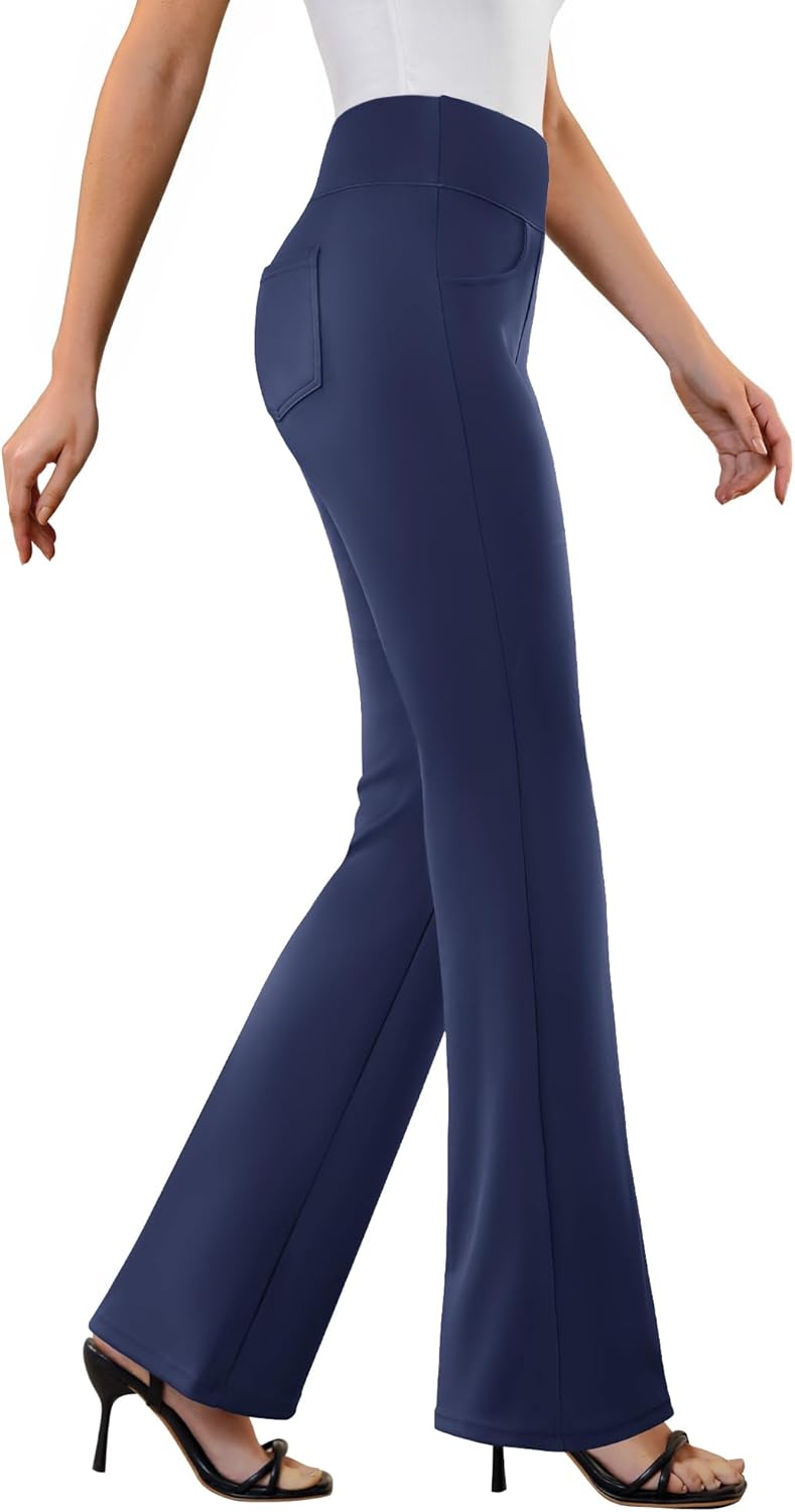 Womens Dress Pants Stretchy Work Pants Business Casual Office Trousers Pull On Flare Slacks with 4 Pockets