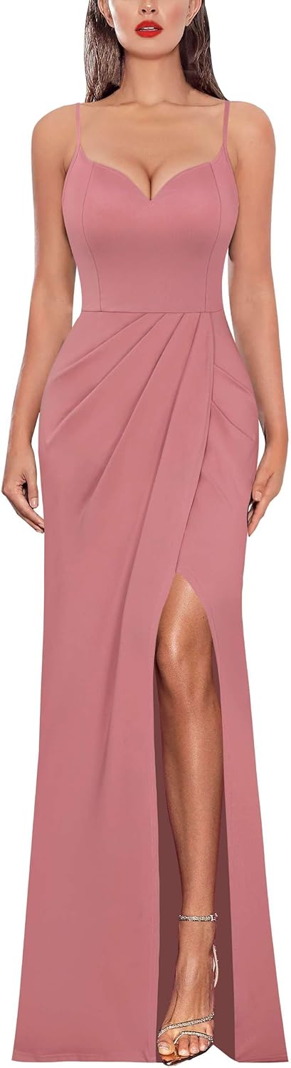 VFSHOW Womens Sexy Formal Ruched Fitted High Slit Bodycon Maxi Dress Spaghetti Strap Sweetheart Cocktail Prom Evening Gown