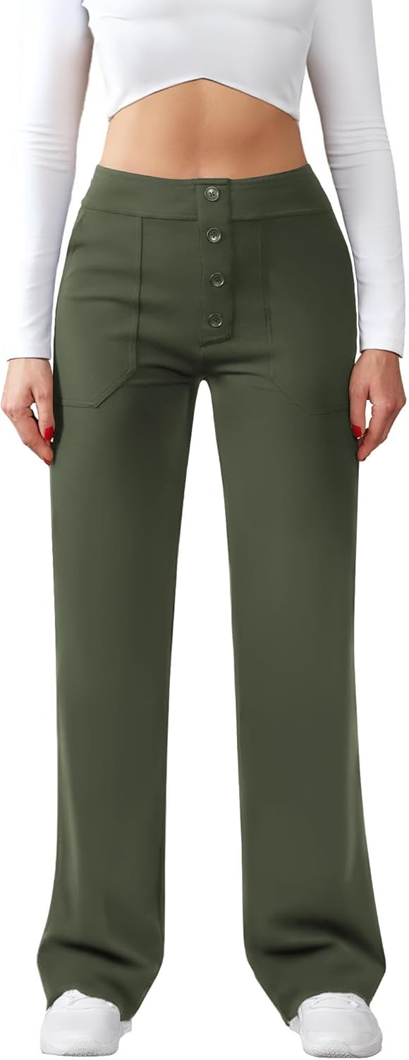 Womens Casual High Waist Straight Leg Pants Stretchy Button Business Dress Work Pocket Trousers