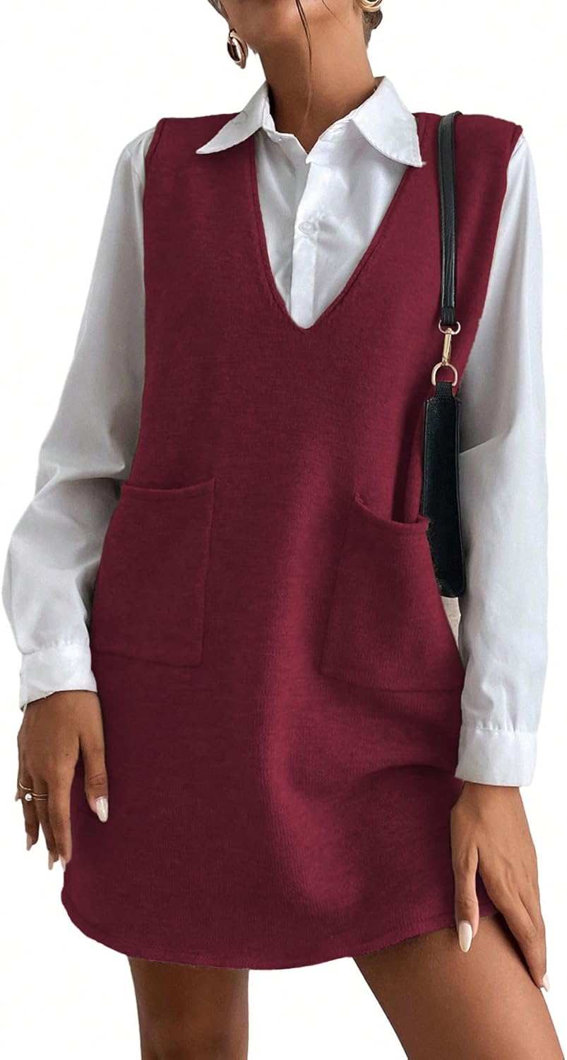 OYOANGLE Women's V Neck Sleeveless Knitted Solid Short Sweater Dress with Pockets