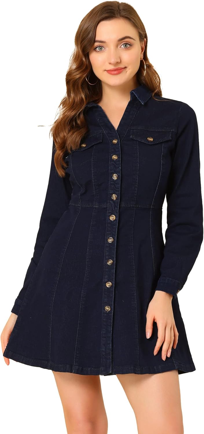 Allegra K Women's Denim Dress Button Down Collar V Neck Long Sleeve A-line Cotton Jean Dress
