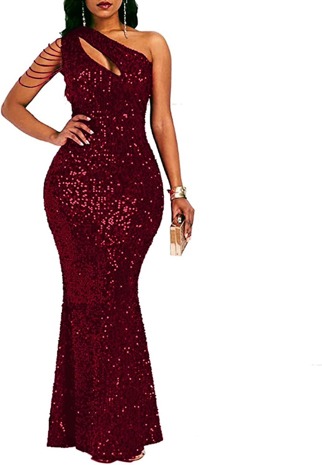 Cololura Women Sequin Elegant Sexy One Shoulder Tassel Mermaid Bodycon Cocktail Evening Dress