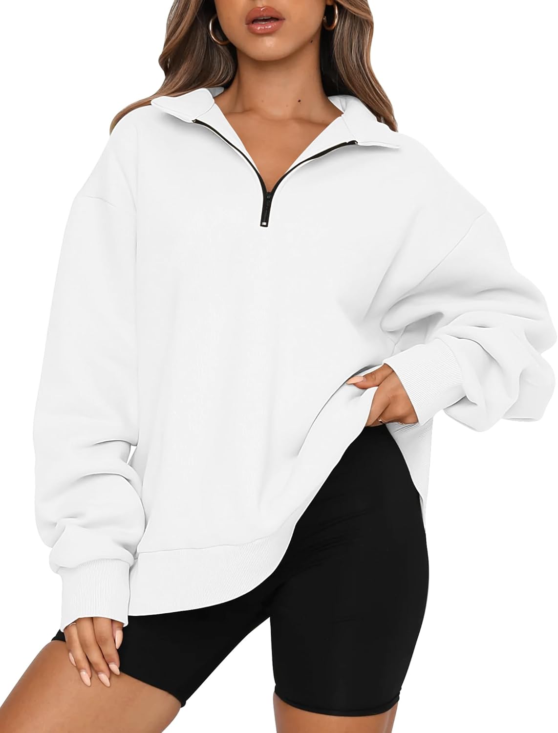 Trendy Queen Womens Oversized Sweatshirts Fall Sweaters Fashion Hoodies Half Zip Pullover Long Sleeve Shirts Clothes