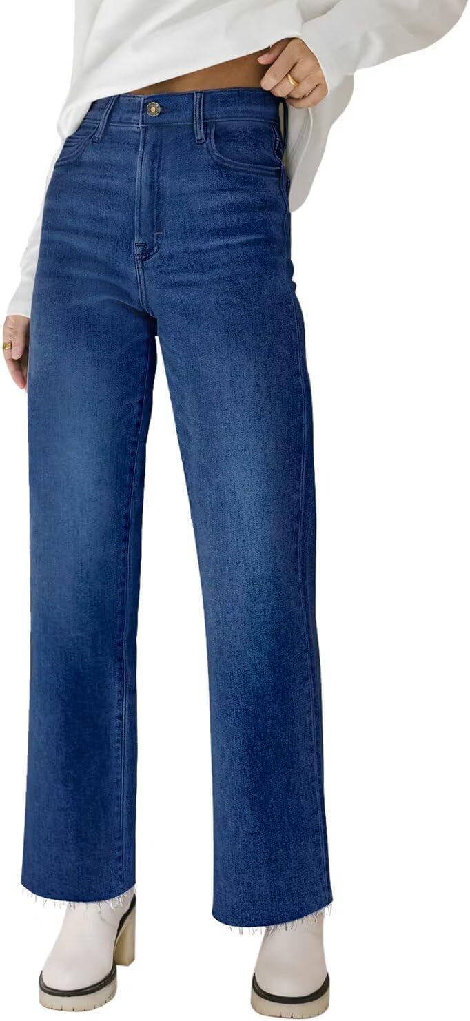 KDF Straight Leg Jeans for Women High Waisted Jeans Frayed Baggy Pants Raw Hem Loose Stretchy Cropped Wide Leg Jeans