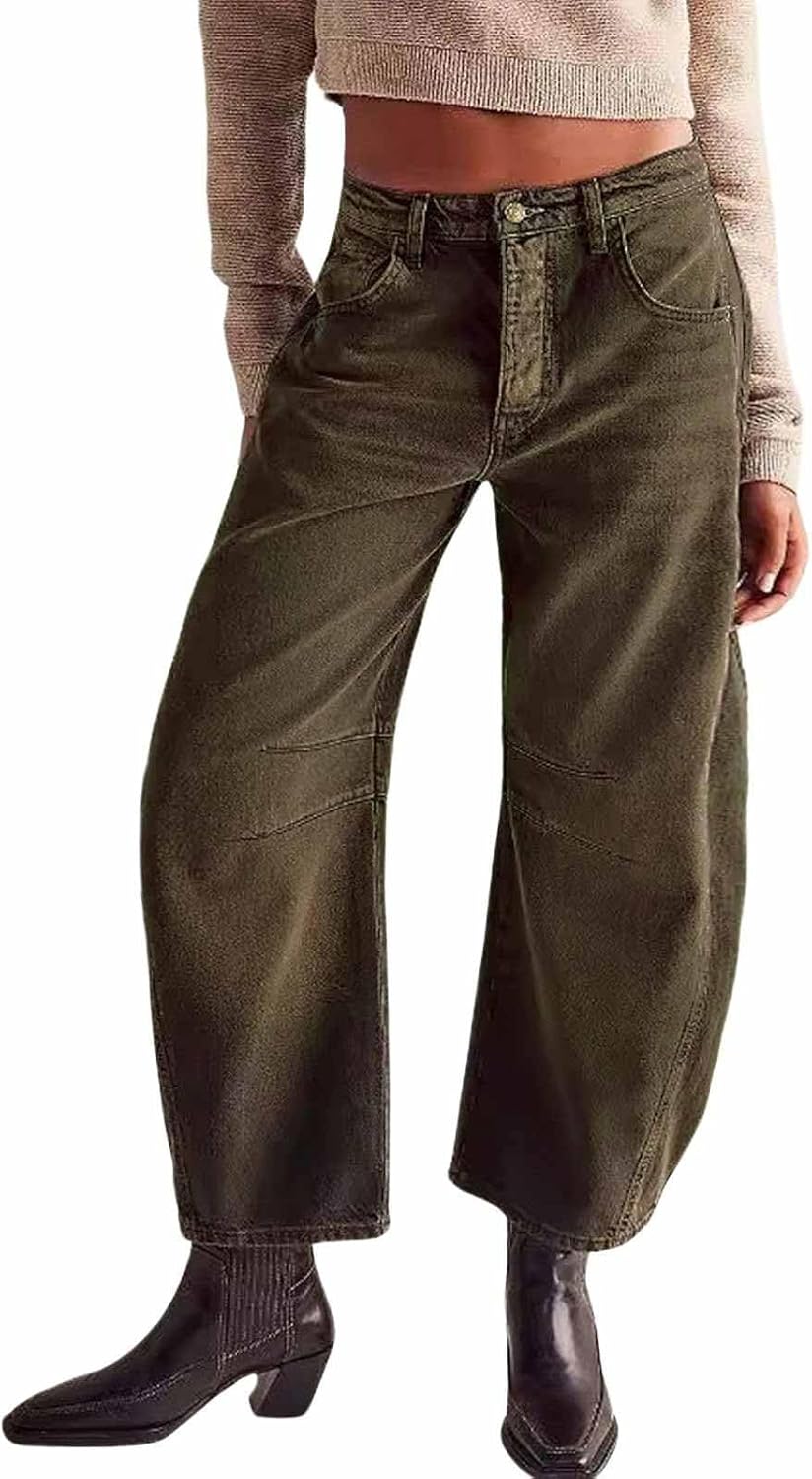 Womens Stretchy Mid Rise Barrel Jeans Vintage Loose Wide Leg Cropped Denim Pants Y2k Baggy Boyfriend Jeans