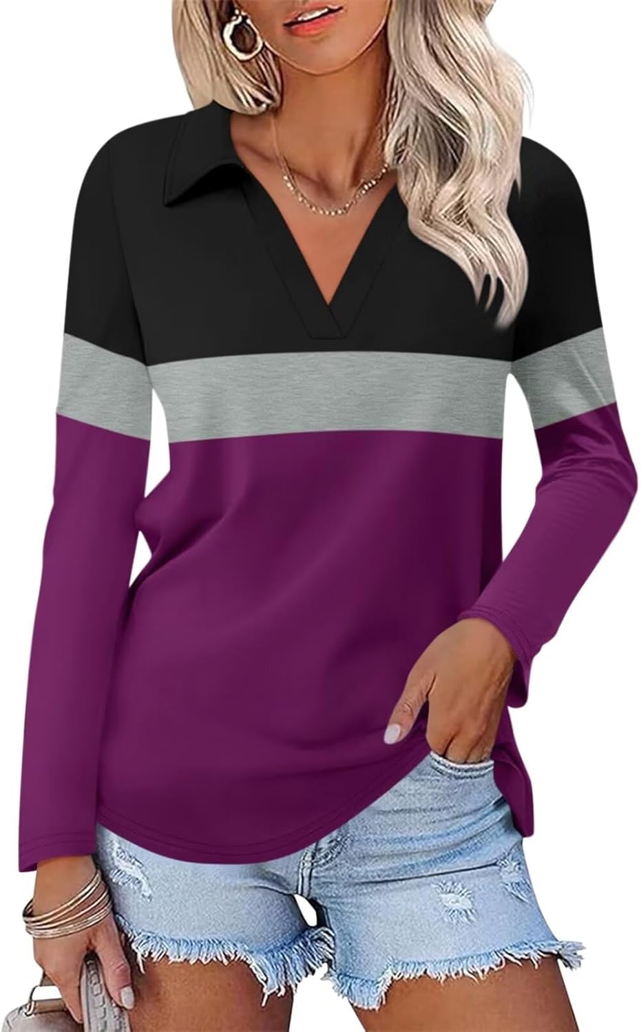 ORANDESIGNE Women's Long Sleeve Polo Shirts Casual Color Block V Neck Tops Fall Collar Ladies Tunics Tees