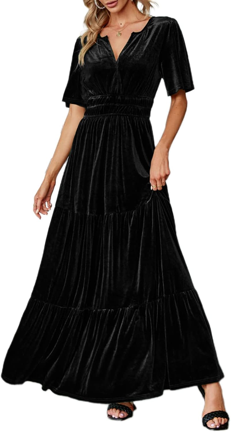 Amegoya Women's Velvet Short Sleeve V Neck Formal Wedding Guest Maxi Dresses Fall Evening Party Long Dresses