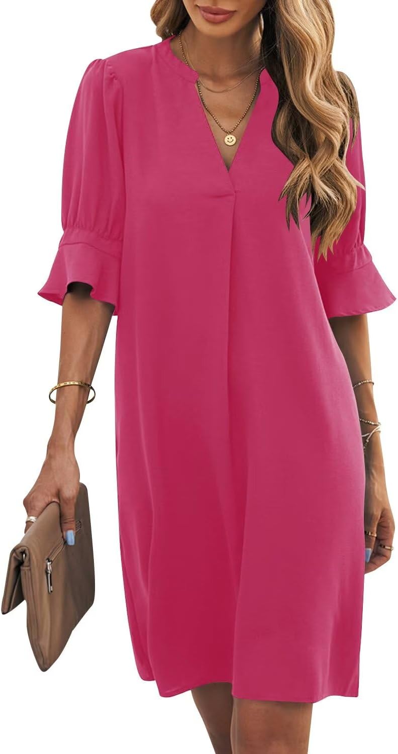Wkior Shift Dress for Women V Neck Short Sleeves Solid Color Casual Flowy Summer Dresses(S-2XL)