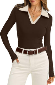 WIHOLL Womens Polo Shirts Long Sleeve Business Casual Tops Collared V Neck Ribbed Knit Sweater Slim Fit Blouses