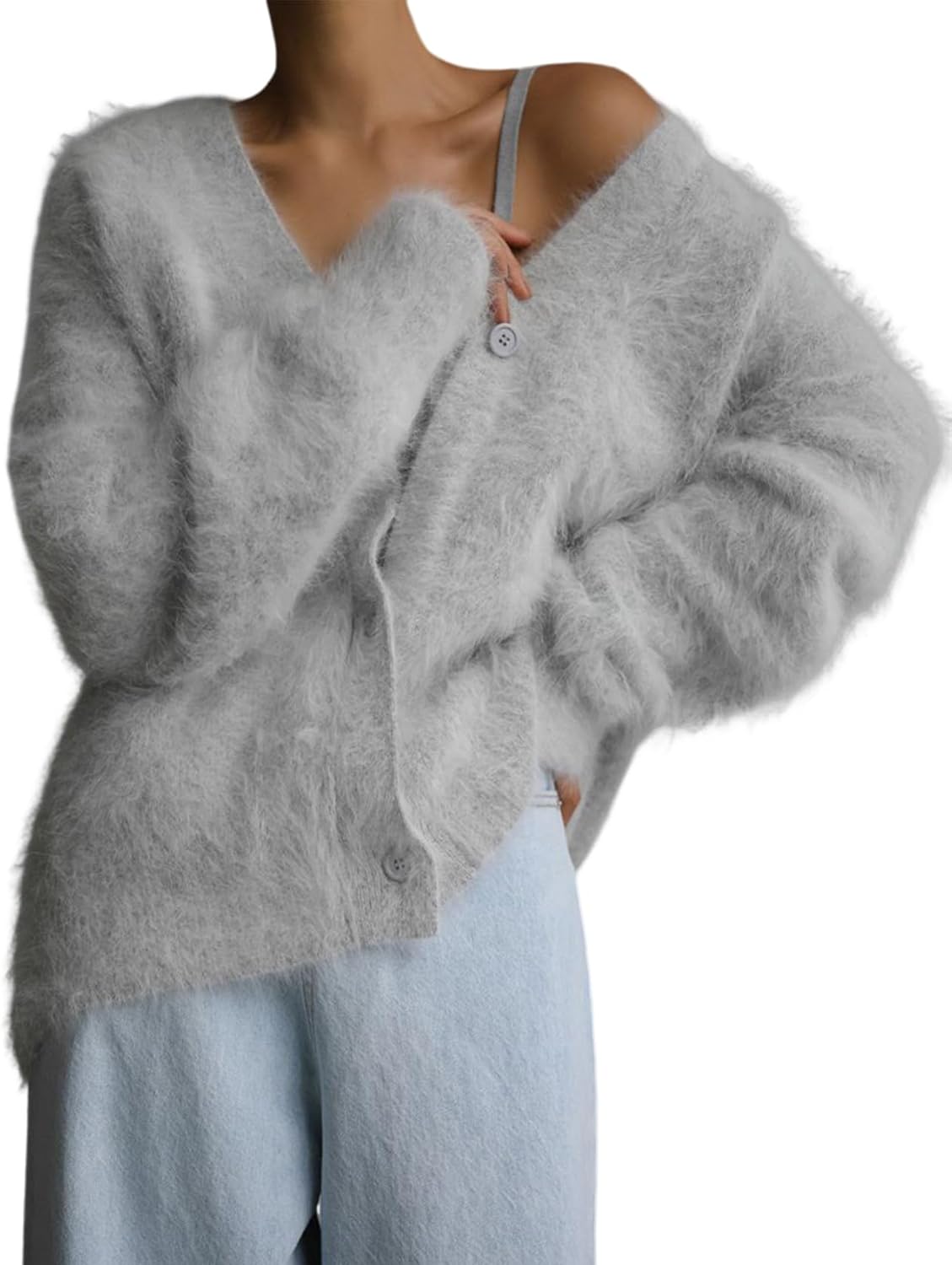 Yimoon Womens Fuzzy Cardigan Sweater V Neck Long Sleeve Button Down Slouchy Furry Knit Sweaters 2025